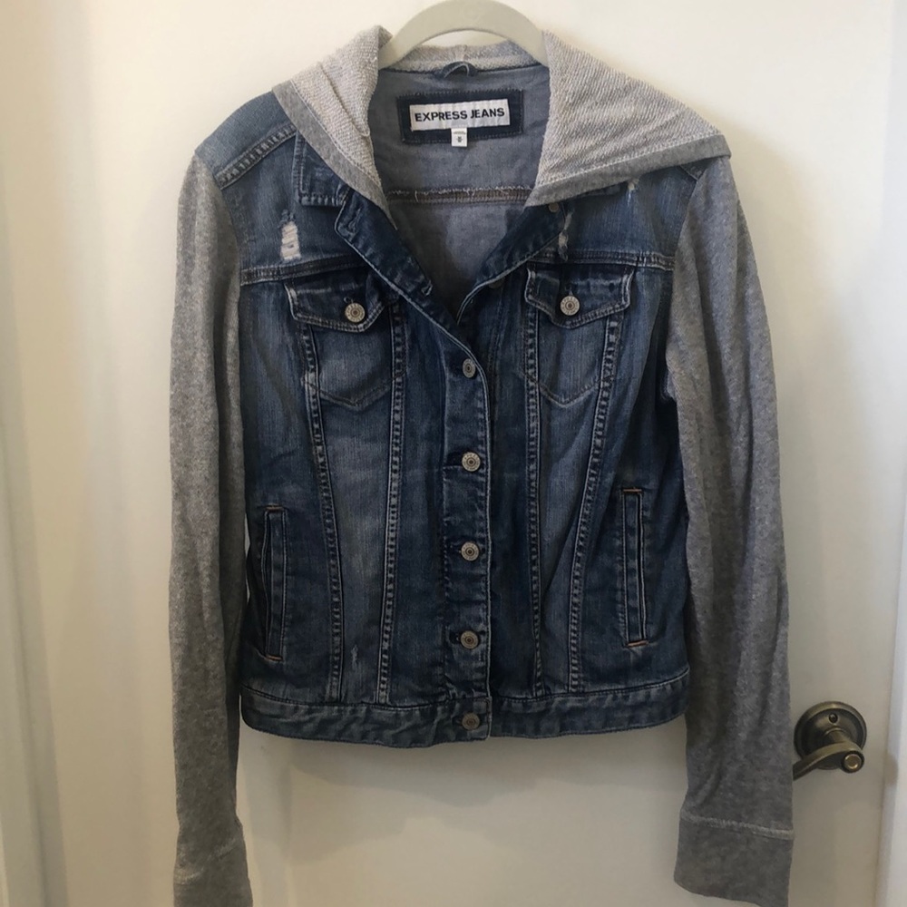 Express Blue Denim Jacket with Gray Knit Hood & Sleeves